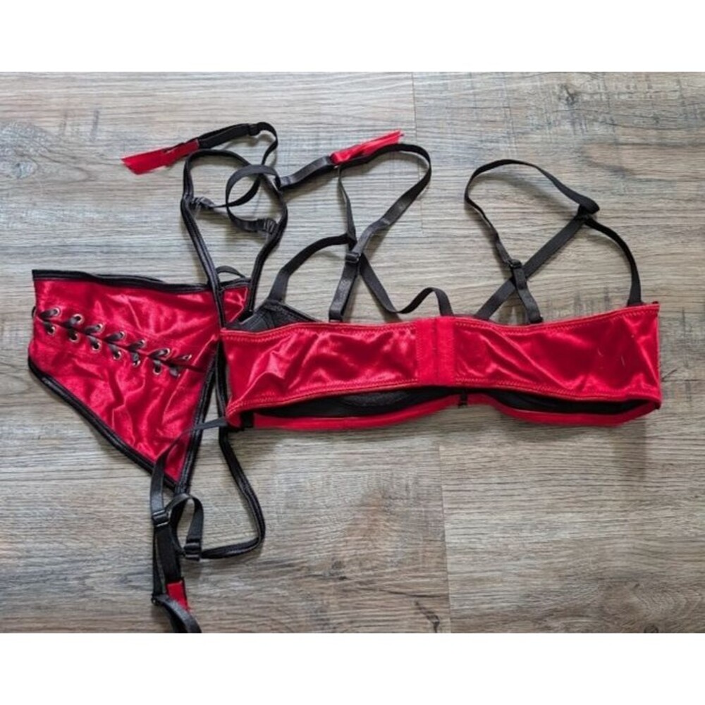 NWT Frederick's of Hollywood L Satin Microfibre Shelf Cup Bra & Thong w/Garters - Picture 4 of 5